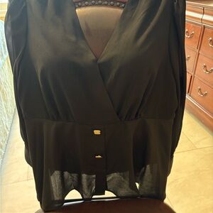 SHEIN Black V-Neck Gathered-Waist Blouse with Gold Button Accents
